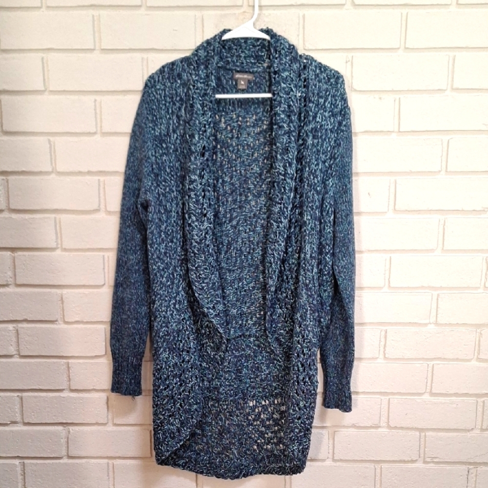 Eddie Bauer Heathered Blue Heavy Knit Open Sweater Cardigan. Size Large